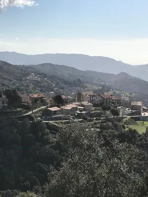 a view of a town with mountains in the background at Charmante maison de village *** in Santa-Maria-Figaniella