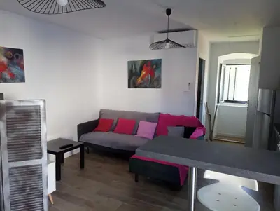 a living room with a gray couch and pink pillows at Casa Padulella in Moriani Plage