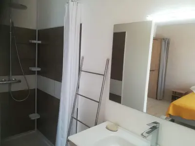 a bathroom with a shower and a sink and a mirror at Chambre d'hôte l'Escale in Sainte-Lucie de Porto-Vecchio