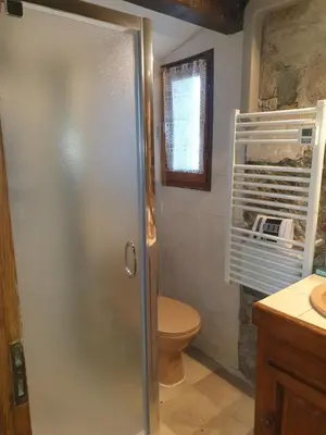 a bathroom with a shower and a toilet at STUDIO avec Mezzanine in Corte