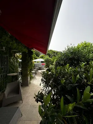a patio with tables and chairs and plants at Hotel Clair de Lune in Zonza