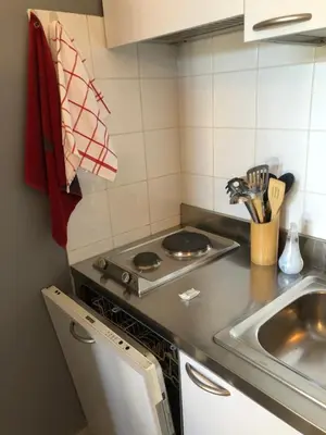 a kitchen with a stove top oven next to a sink at Porticcio centre plage à pieds, studio-cabine 4 Pers max, promo 7 nuits in Porticcio