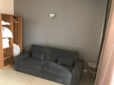a living room with a gray couch in a room at Porticcio centre plage à pieds, studio-cabine 4 Pers max, promo 7 nuits in Porticcio