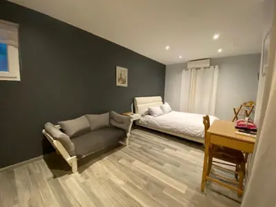 a bedroom with a bed and a couch and a desk at La Villa Volpaso in Belgodère