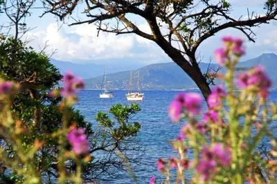 a view of a lake with boats in the water at HOTEL CAMPOMORO in Campomoro