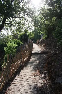 a dirt road with a wooden fence and trees at costa di sognu in Costa