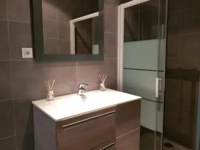 a bathroom with a sink and a mirror and a shower at APPARTEMENT TERRASSE CITA DI SALI PORTO VECCHIO in Porto-Vecchio