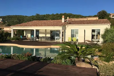 a house with a swimming pool in front of it at Sole Rossu in Albitreccia