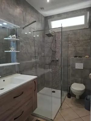 a bathroom with a shower and a sink and a toilet at Sole Rossu in Albitreccia