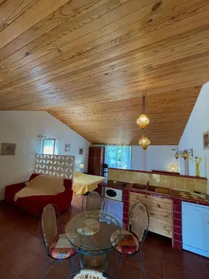 a living room with a wooden ceiling and a table at Residence VILLA MOROSI - Favone in Conca