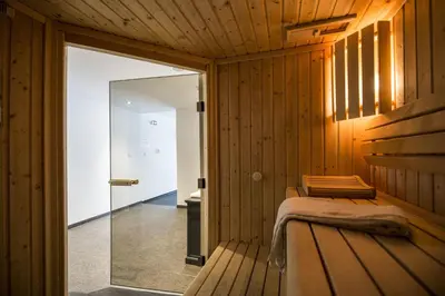 a sauna with wooden walls and a glass door at Suite Home Porticcio in Porticcio
