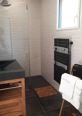 a bathroom with a shower with a counter and a sink at L'oliveraie du Fango in Manso