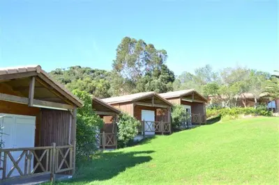 a row of cottages in a field of grass at Hôtel Maora Village in Bonifacio