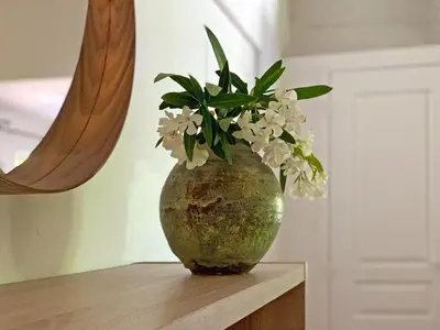 a green vase with white flowers on a table at Résidence Maora Village in Bonifacio