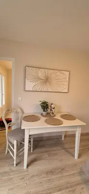 a white table with a potted plant on top of it at Gîte A l'ombre du clocher in Calenzana