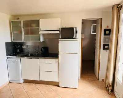 a kitchen with a refrigerator freezer and a microwave at Hameau de pietra longa Salvini PORTO-VECCHIO in Sotta