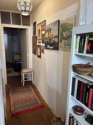 a hallway with a book shelf filled with books at Maison de village in Ortiporio