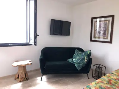 a living room with a green couch and a tv at LA POINTE D’ASPRETTO in Ajaccio