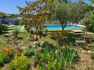 a garden with flowers and a swimming pool at Casa San Niolo in Cervione