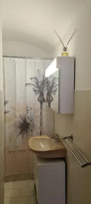 a bathroom with a sink and a shower curtain with palm trees at maison de village T4 in Poggio-dʼOletta