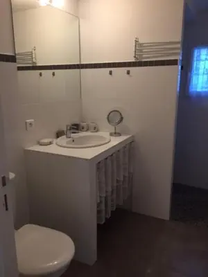 a bathroom with a sink and a toilet and a mirror at Villa Lucie Paul rez de jardin à Méla in Mela