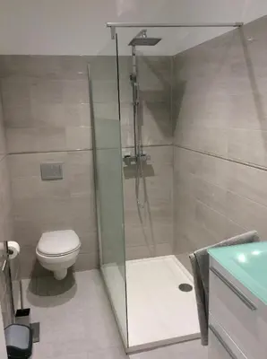 a bathroom with a shower and a toilet at Au cœur de la cité médiévale avec petite vue mer in Bonifacio