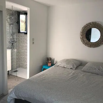 a bedroom with a bed and a mirror on the wall at VILLA LECCI E MARE in Olmucciu