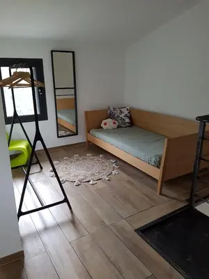 a bedroom with a bed and a mirror in a room at En plein maquis,entre mer&montagne in Vallecalle