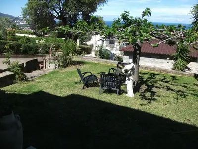 a statue of a dog sitting on a bench in a yard at T2 dans la région Bastiaise vue sur la mer in Furiani