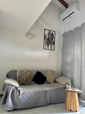 a living room with a couch and a table at Marina di pinarello, appt climatisé à 400m de la plage in Zonza