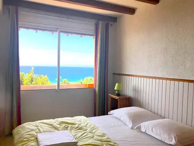 a bedroom with a window with a view of the ocean at Residence du valinco Appartement in Olmeto