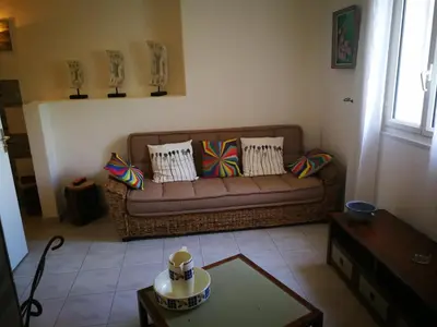 a living room with a brown couch and a table at Levolle Marine in Poggio-Mezzana