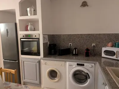 a kitchen with a washing machine and a microwave at MAISON TUCCARELLU in Letia