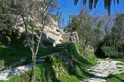 a stone path leading up a hill with trees at Casa Giacometti in Grosseto-Prugna