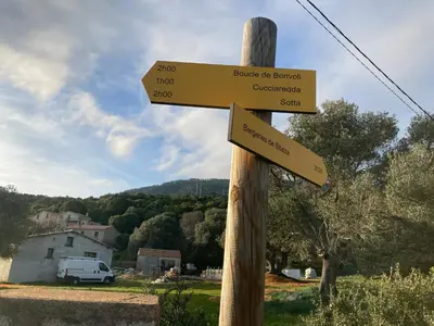 a wooden sign with street signs on a pole at Mini-villa 2 MONTAGNE in Porto-Vecchio