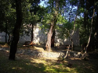 a group of picnic tables in a park with trees at Sole e Ventu (70 qm) in San-Giovanni-di-Moriani