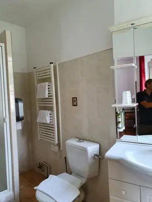 a bathroom with a white toilet and a sink at Casa Guelfucci in Corte