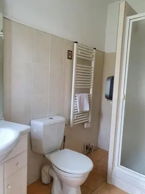 a bathroom with a white toilet and a sink at Casa Guelfucci in Corte