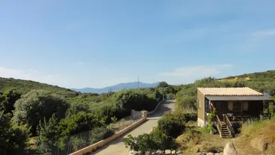 a view of a road with a building and mountains in the background at U Roccu in Coti-Chiavari