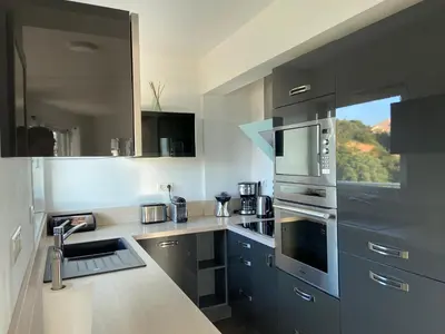a kitchen with a sink and a stove top oven at Le Haut de la Vague in Porto-Vecchio