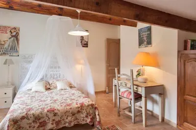 a bedroom with a bed with a mosquito net at Casa La Colombaia in Poggio-di-Nazza