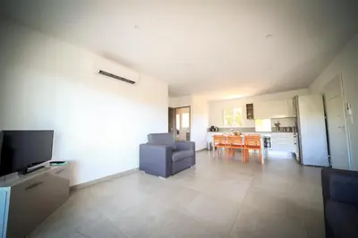 a large living room with a couch and a kitchen at SARL Valinco locations appartement 2 chambres in Olmeto
