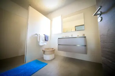 a bathroom with a shower and a sink and a mirror at SARL Valinco locations appartement 2 chambres in Olmeto