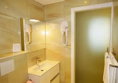 a bathroom with a toilet and a sink and a phone at Hôtel Mare E Monti in Piana