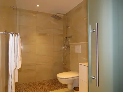 a bathroom with a toilet and a shower at Hôtel Mare E Monti in Piana