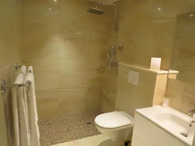 a bathroom with a shower and a toilet and a sink at Hôtel Mare E Monti in Piana