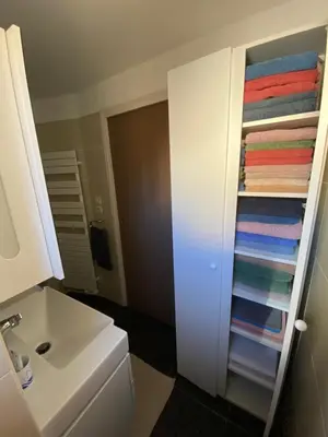 a bathroom with a sink and a towel rack with towels at Au cœur de la Vieille Ville in Ajaccio