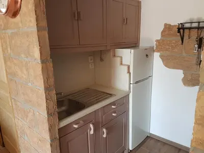 a small kitchen with a sink and a refrigerator at L Appicciu in Ventiseri