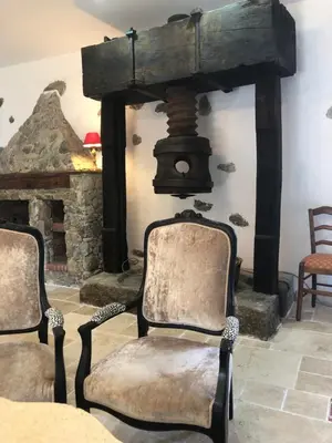 a room with two chairs and a fireplace at Le Moulin de l'Ostriconi in Novella