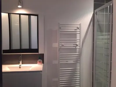 a bathroom with a sink and a shower and a mirror at Appart 8 pers vue sur baie - Porticcio in Porticcio